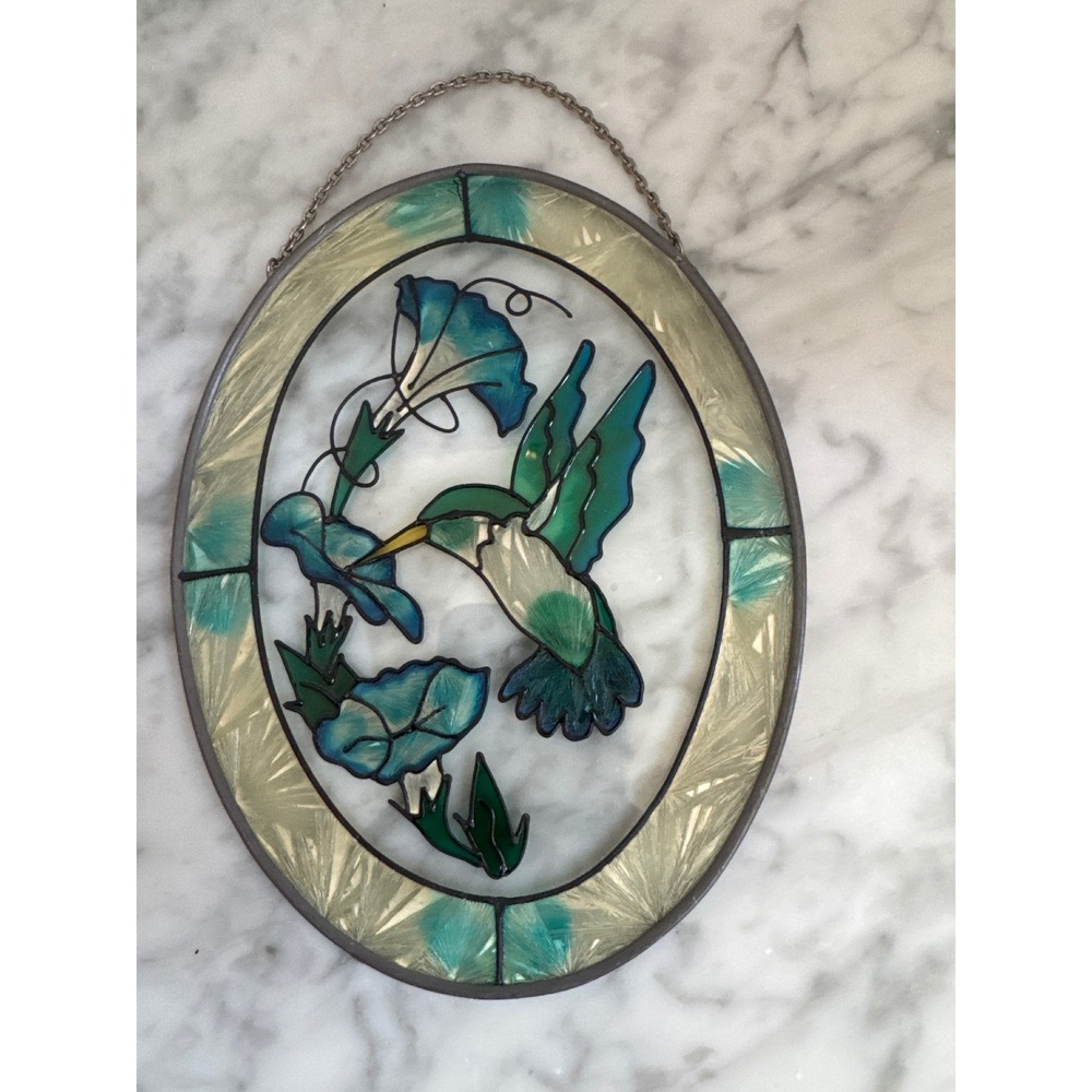 Vintage 1987 JBD Hummingbird Stained Glass Suncatcher Blue Morning Glory Oval